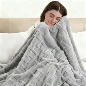 Heated Blanket Electric Throw, Luxury Furry Heated Blanket, 3D Grid Pattern Thick Rabbit Fux Fluffy Heating Blanket with 5 Heating Levels & 4 Hours Auto Off, 50" x 60" Light Gray