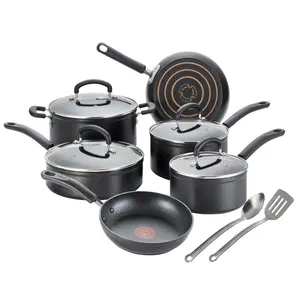 T-Fal 12PC Aluminum Set Fry Pan Dutch Oven Black Forged Cookware