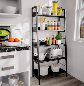 5-tier Ladder Shelving Unit Bookshelf Storage Rack with Sturdy Metal Frame Wooden Shelves Utility Rack for Living Room Office Kitchen, 2 Size for 28"W x 14"D x 59"H/24"W x 14"D x 59"H, Black/Brown/Walnut