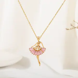 Ballet Dancer Necklace - Gold Angel Ballerina Pendant with Pink Crystal Skirt Detail