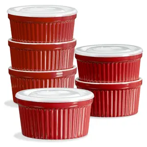 Ramekins With Lids, 8 Oz Creme Brulee Souffle Dishes Oven Safe Ceramic Pudding Cups Set of 6 for Baking - Red - Tableware, Bowls