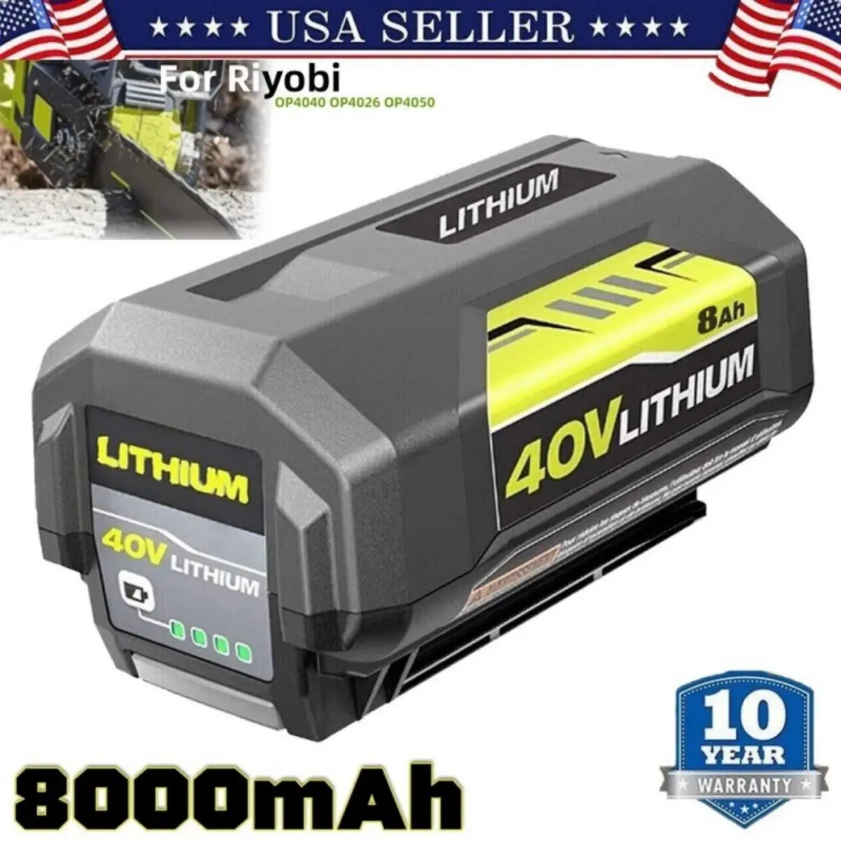 OP4040 8.0Ah High-Capacity Li-ion Lithium Rechargeable Power Tool Battery Replacement for Ryobi 40V Battery - Extended Life, Reliable Performance, Li Ion Battery
