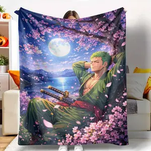 Samurai Moonlight Sakura Flannel Blanket Cherry Blossom Night Art Print Soft Warm Breathable Cozy Design Perfect for Bedroom Decor Sofa Throw Spring Gift Relaxing Outdoor Picnic Anime Lover Home Use tiktokshopspringglowup