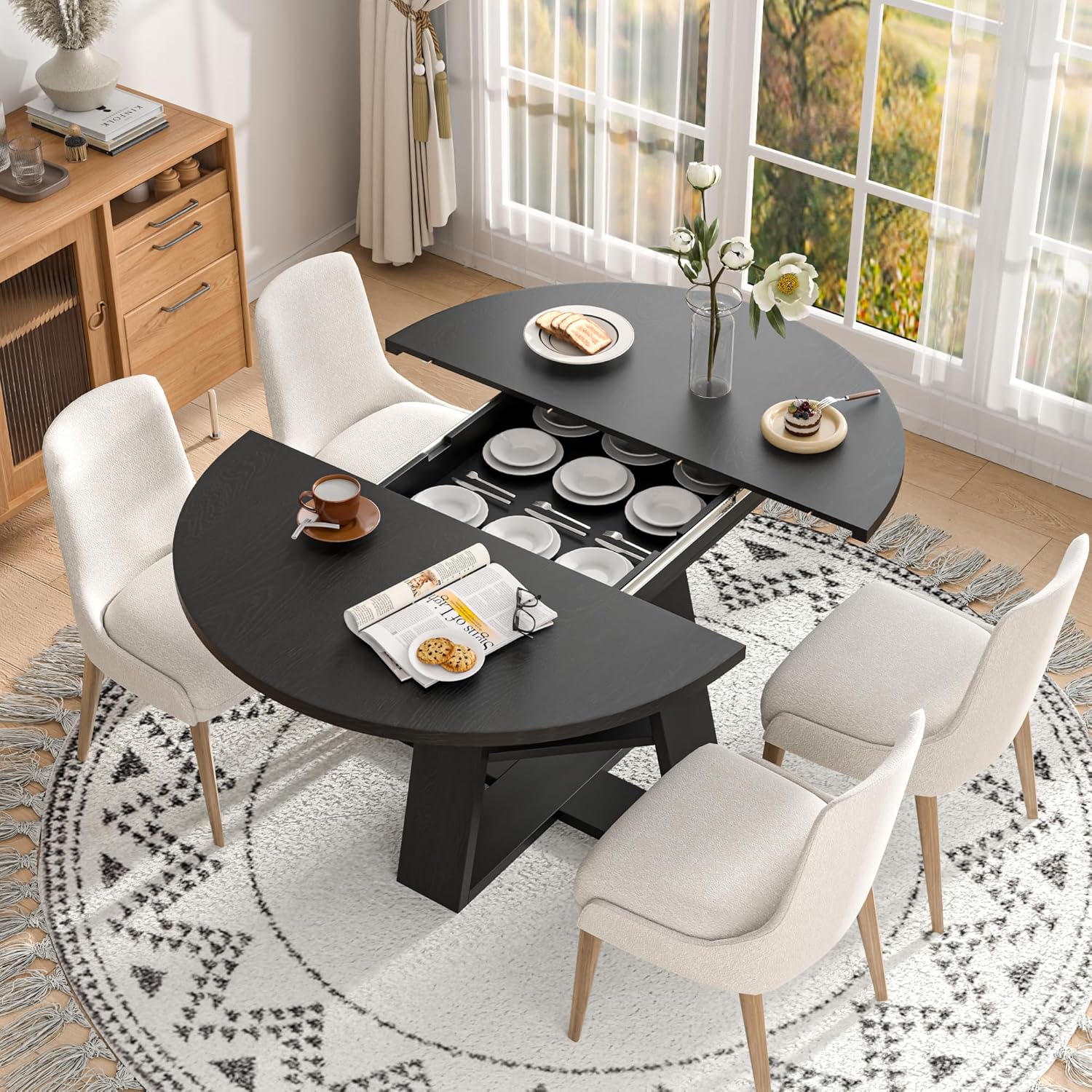 Extendable Round Dining Table for 4-8, Space Saving Kitchen Table with Storage Shelf, Modern Oval Expandable Table 300 lbs Capacity, Easy Assembly, Black Extendable Round Dining Table for 4-8, Space Saving Kitchen Table with Storage Shelf, Modern Oval Expandable Table 300 lbs Capacity, Easy Assembly, Black