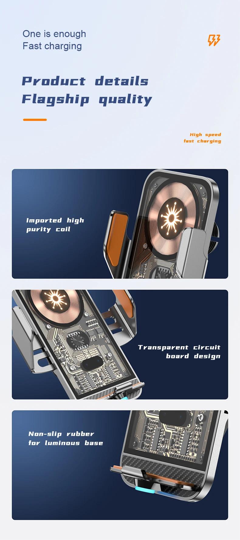 Auto Car Mount Phone Holder Stand Car Wireless Charger  For iPhone Samsung LG Infrared Induction 15W Qi Fast Charging Station Adapter Transparent Adjustable Automatic Cable Clip Device Protection Usb Cellphone  Smartphone Mobile Electronic