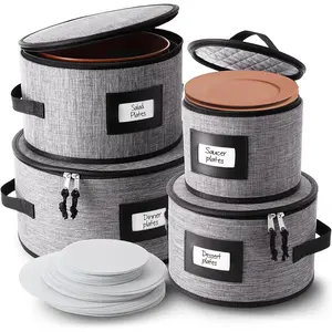 Fine China Storage Containers Hard Shell, 4 Piece Dish Storage Containers, Quilted Plate Storage Containers, Stackable Dish Organizer with Dividers, Dinnerware Storage for Moving and Seasonal Storage