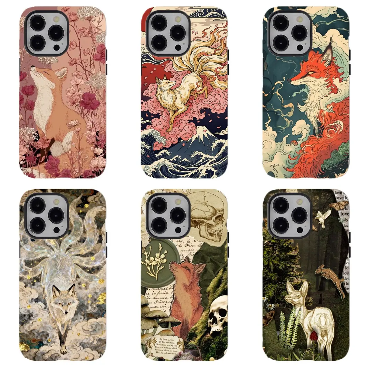 Kitsune Fox Ukiyo‑e Art Phone Case, Compatible for iPhone 17Promax 16 15 14 13 12 11 and for Samsung S26‑21, Dark Academia Style, Whimsical Cottagecore Vibe, Shockproof Protective Cover, Perfect Holiday Gift