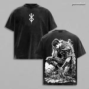 Black Knight Guts Berserk Retro Vintage Unisex Oversize Anime Manga Washed Heavyweight Cotton T-shirt, Gift For Anime Fan, Anime Lover