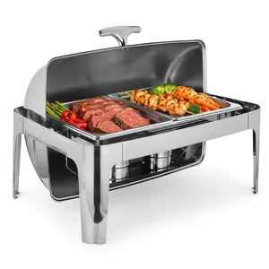 Gaomon 8 QT Stainless Steel Chafing Dish Full Set with Mirror Surface, Roll Top Lid (90°/180° Full Open), 2 Food Pans, Sturdy Buffet Warmer for Parties, Weddings