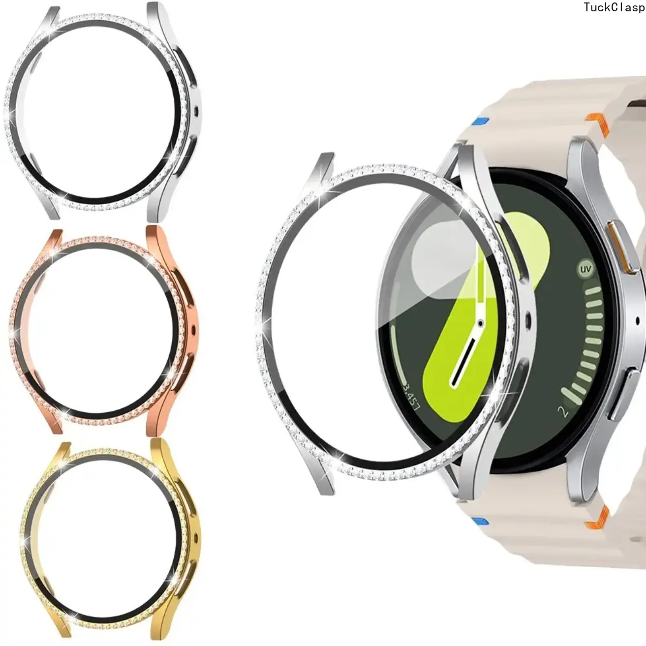 3-Piece Samsung Galaxy Watch Protective Set, Rhinestone Hard PC Case with Glass Screen Protector, Lightweight Scratch-Resistant Full Coverage, Compatible with Watch 4/5/6/7/FE, Stylish Durable Accessory