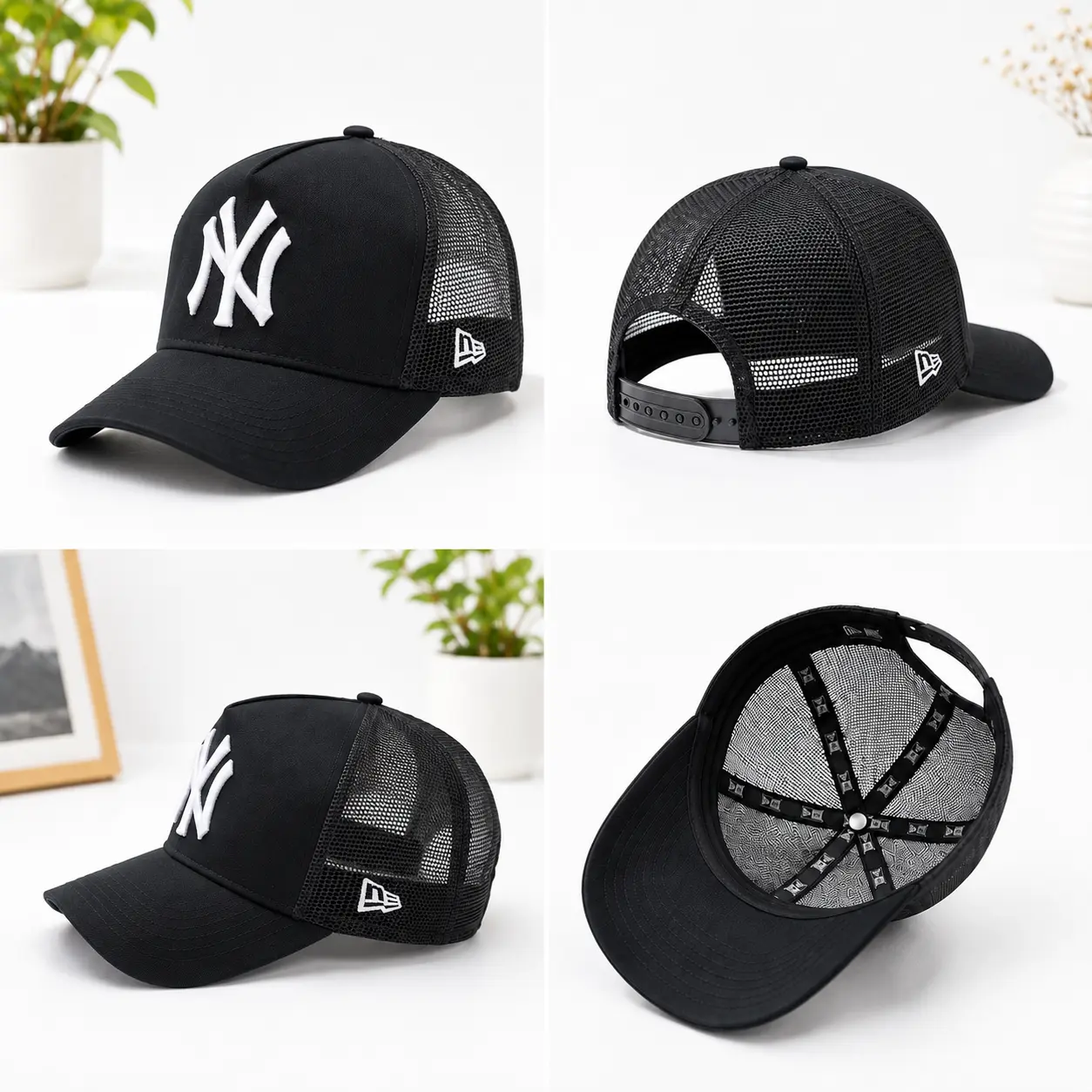 New Era NY MLB Embroidered Mesh Trucker Hat - Adjustable Curved Brim Snapback, Breathable, Casual Streetwear for Men & Women, Black Hats