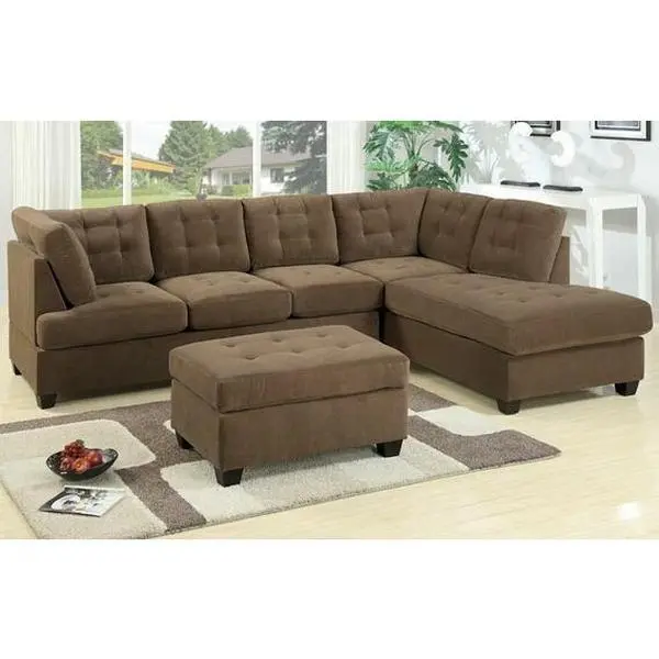 Poundex F7140 Red Barrel Studio Tomita 2-Seater Reversible Chaise Sectional Sofa Set - Truffle Waffle Suede Fabric, Modern Lounge Sectional Couch, Optional Ottoman, KD Assembly, Dark Indoor Furniture