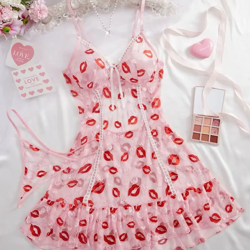 Women's Sexy Sheer Soft Mesh Sleeveless 2-Piece Babydoll Lingerie Nightwear - Adjustable Spaghetti Straps, Red Lip Print, Ruffled Hem, Lace Details, Matching Thong, Heart Accents, Lightweight for Romantic Nights
