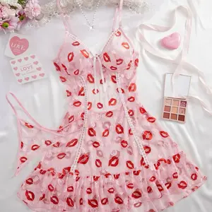 Pucker Up Babydoll Sheer Lingerie with Red Lip Print and Ruffled Hem for Romantic Nights