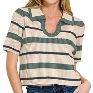 Fashionable Striped collared short sleeve cropped sweater Casual Womenswear Blouses Jeans Shirts Style Tops Warmer Zenana Shirt