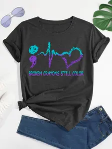 Broken Crayons Still Color Suicide Prevention Mental Health Print T-shirt, Short Sleeve Crew Neck Casual Top for Summer & Spring, Women's Clothing