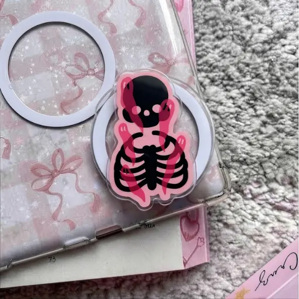 Pink Skeleton MagSafe Phone Grip, Cute Spooky Little Ghosts Magnetic PopSocket, Pastel Goth Phone Holder, Alternative Aesthetic Accessory