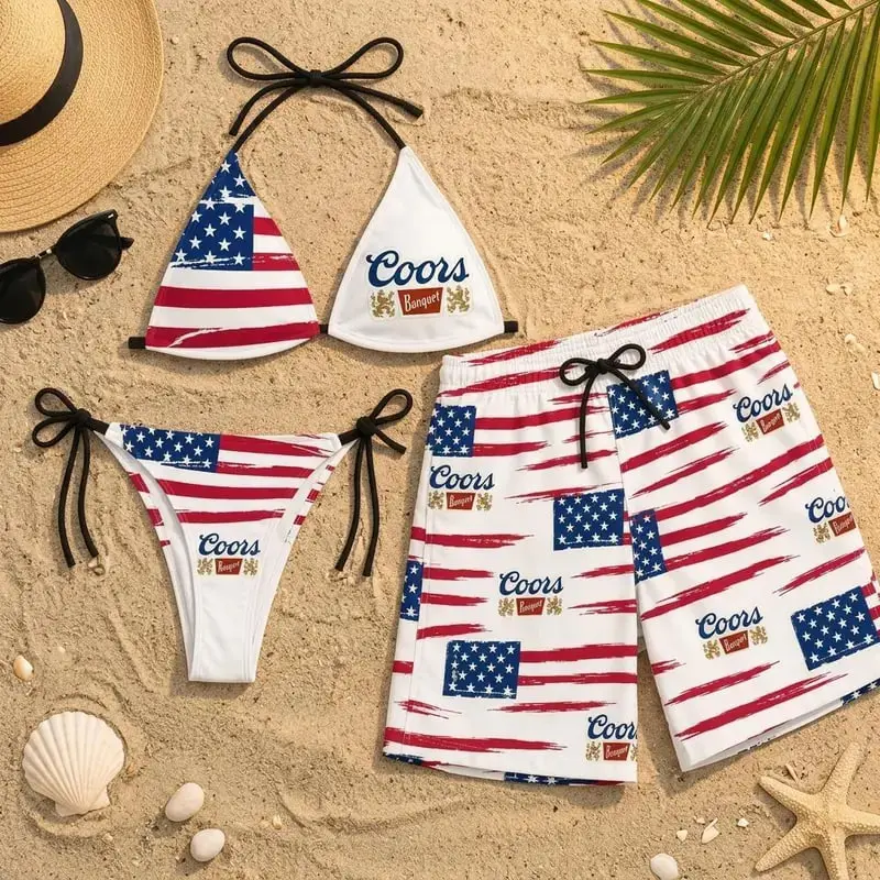 Matching Coors Banquet Beachwear Collection, Couples Bikini and Men Swim Trunks Set, Cow Print Rodeo Beer Logo Swimsuit, American Flag Summer Outfit, Pool Party Vacation Gift for Men Women, 4th of July Beach Set