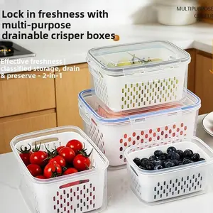 Kitchen food sealing and preservation box, fruit and vegetable draining plastic storage box with lid, refrigerator freezer fresh-keeping box