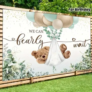 [party banner]1pc, Cute Bear Themed We Can Wait Backdrop Banner, Green  Leaves Balloon Photography Backdrop, for Indoor & Outdoor Celebrations, Family Party Events, Home & Wall Decor, Birthday Party Decoration, Perfect for Teenagers & Party Enth