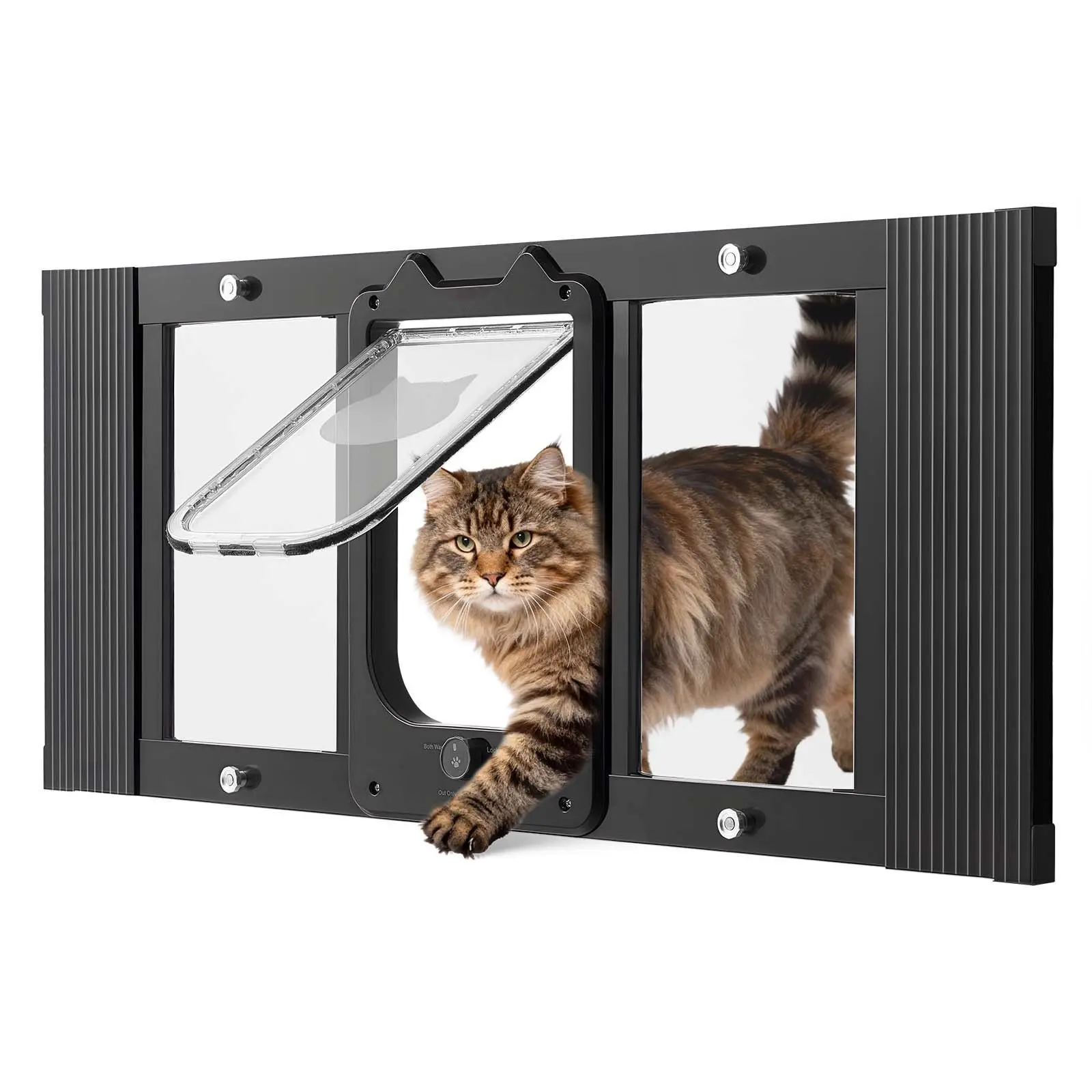 Cat Door For Window - Adjustable To Fit Window Width 31-36 Inches, Four Lock Modes For Security, Aluminum Frame With High-Transparency Glass, Magnetic Closure, Weatherproof Quick-Fit Pet Door For Cats, Black