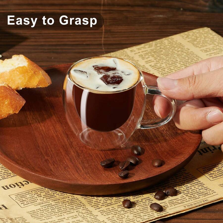 2pcs/6pcs Set Espresso Cups With Handles, 2.8oz Transparent Espresso Cups, 2.5*2.6inch Double Wall Heat-Resistant Glass Cups, Creative Tea Flower Cups, Insulated Water Cups, Espresso Cups, Cold Drink Milk Juice Cups, Mugs