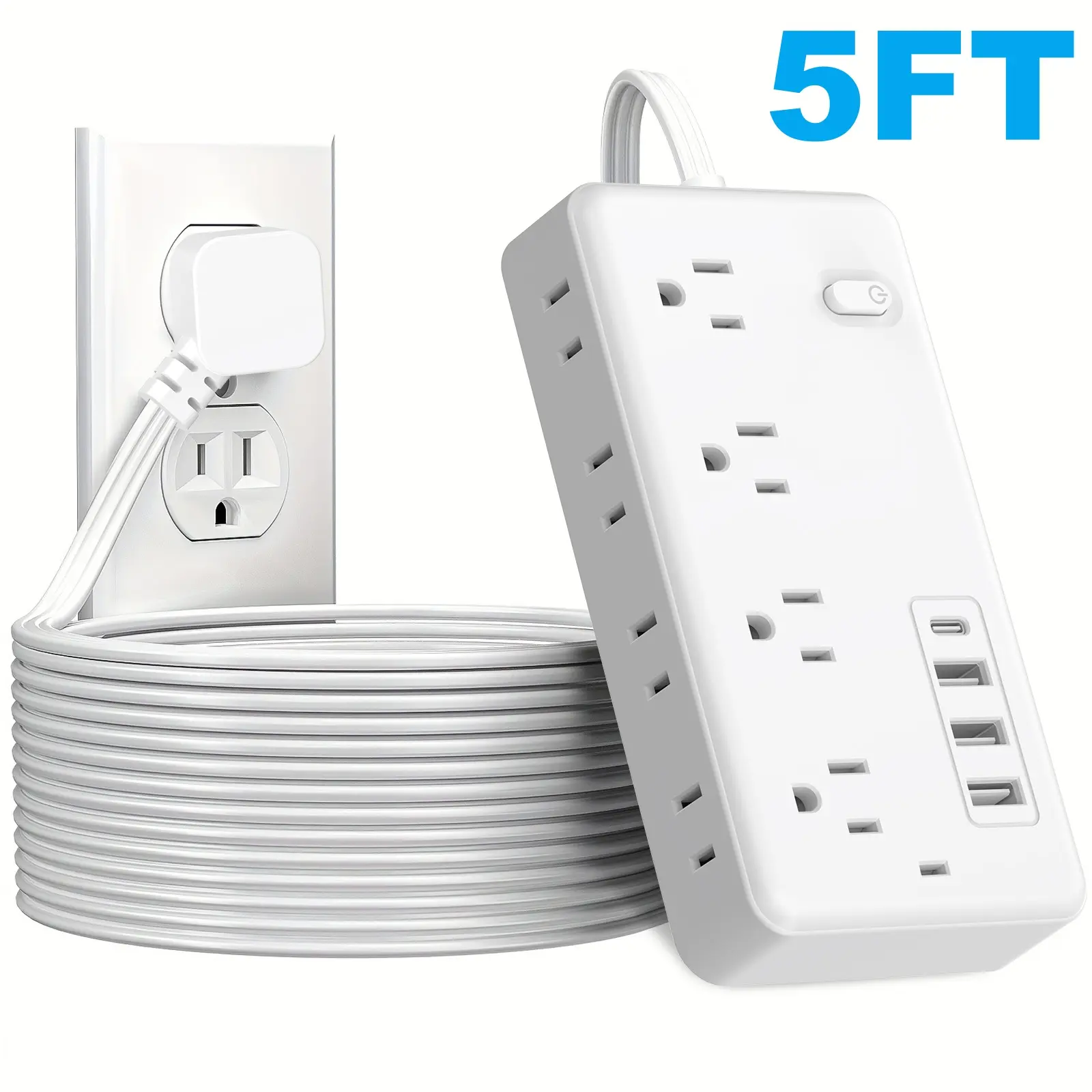 Power Strip Surge Protector, 8 Widely Outlets with 4 USB Ports (1 USB C), Multi Plug Wall Outlet Extender, 5FT Extension Cord Charging Station, Small Power Strip for Travel Home Office College Dorm
