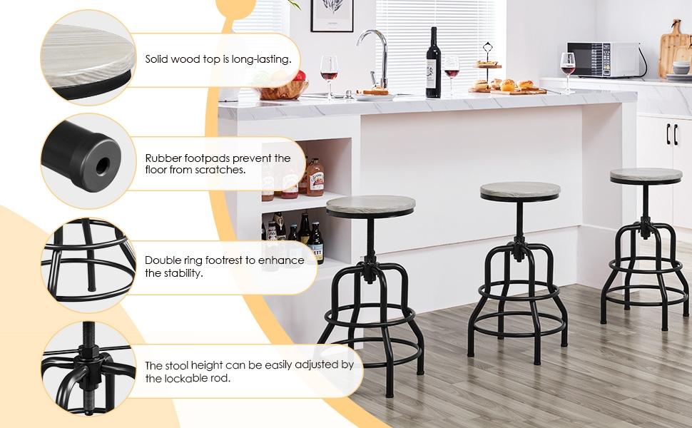 Yaheetech Bar Stool Vintage Counter Stool Adjustable Metal Stool with Round Wood Seat Kitchen/Dining/Cafe Chair 20-27 Inch Tall, 1PC
