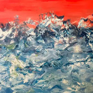 Like the Tide 36x48" acrylic abstract ocean painting with red sky on canvas by YaYa Studios