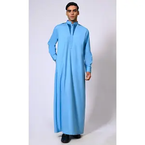 Sky Blue Men's Thobe with Satin Stitch Embroidery and Pockets