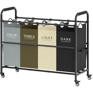 4 Bag Laundry Sorter Cart, 4 Section Laundry Hamper Sorter with Lockable Rolling Wheels, Laundry Separator Hamper with Removable Bags for Dirty Clothes, 4 Colors