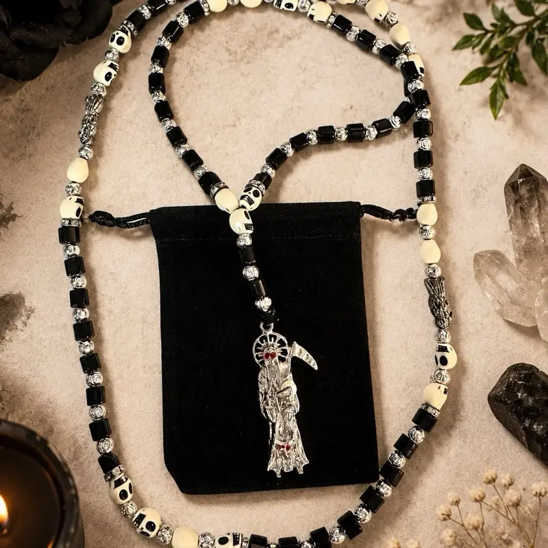 Santa Muerte Skull Rosary Necklace | Non-Traditional Devotional Prayer Beads | Handmade