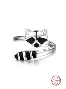 925 Sterling Silver Fashion Raccoon Design Cuff Ring, Animal Design Cuff Ring for Women & Men, Party, Daily Clothing Decor, Birthday Gift