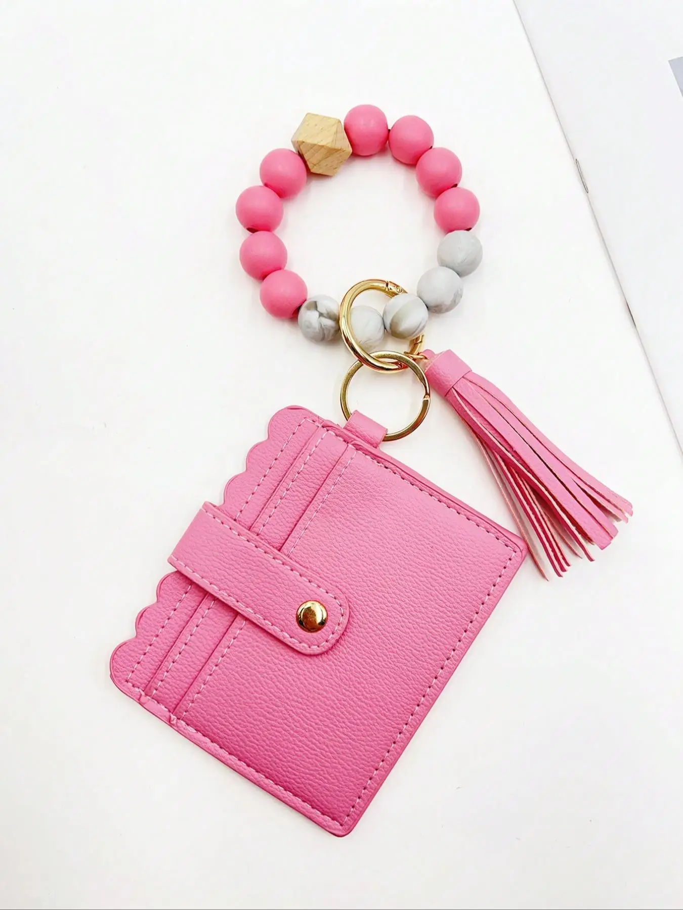 Fashion Beaded Decor Pu Leather Keychain, Tassel Decorated Wrist Strap Keychain, Casual Jewelry for Women & Girls