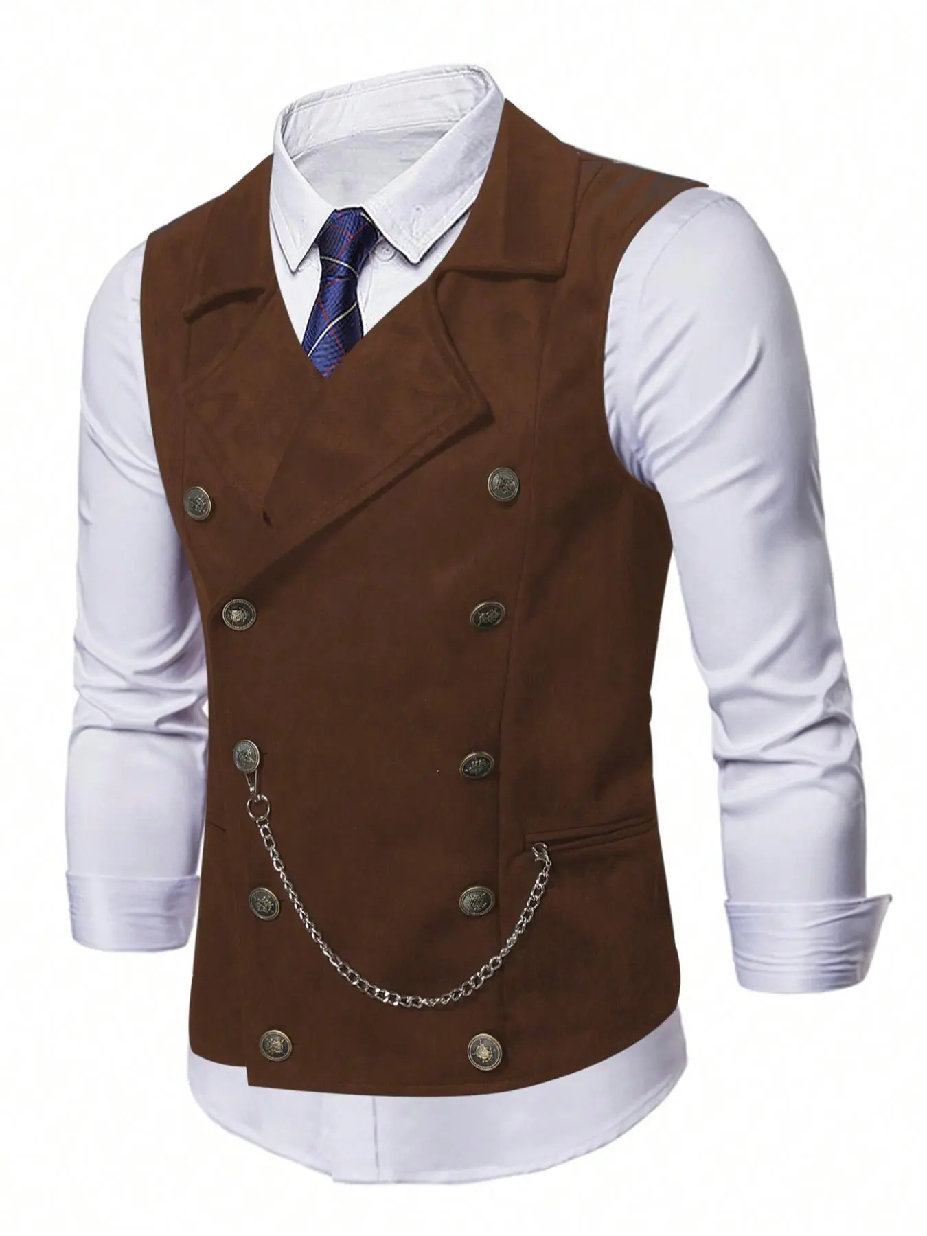 Men's Solid Color Double Breasted Collared Tailored Suit Vest with Chains, Regular Fit Formal Casual Retro Style Sleeveless Button Front Vest for Wedding Party, Fashion Men's Clothes for All Seasons, Business Formal Wear, Formal Attire, Menswear