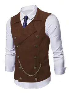 Men's Solid Color Double Breasted Suit Vest with Chains, Regular Fit Formal Casual Retro Style Sleeveless Button Front Vest for Wedding Party, Fashion Men's Clothes for All Seasons, Menswear