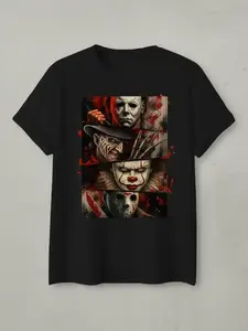 Horror Movie Villain Collection Fitted T-Shirt, Classic Kill Role Graphic Unisex Short Sleeve, Bloody Art Style Casual Streetwear Top Gift