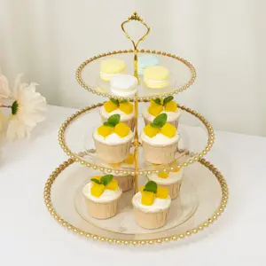 14" Clear Gold Glittered 3-Tier Plastic Dessert Display Stand With Gold Beaded Rim, Round Cupcake Tower Tea Party Serving Platter With Top Handle