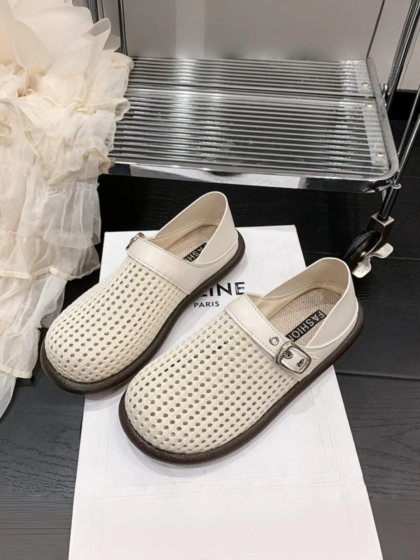 New Breathable Mesh Mary Jane Sandals for Women, Vintage Color Block Buckle Thick Sole, Summer Slip-On Comfortable Casual Shoes