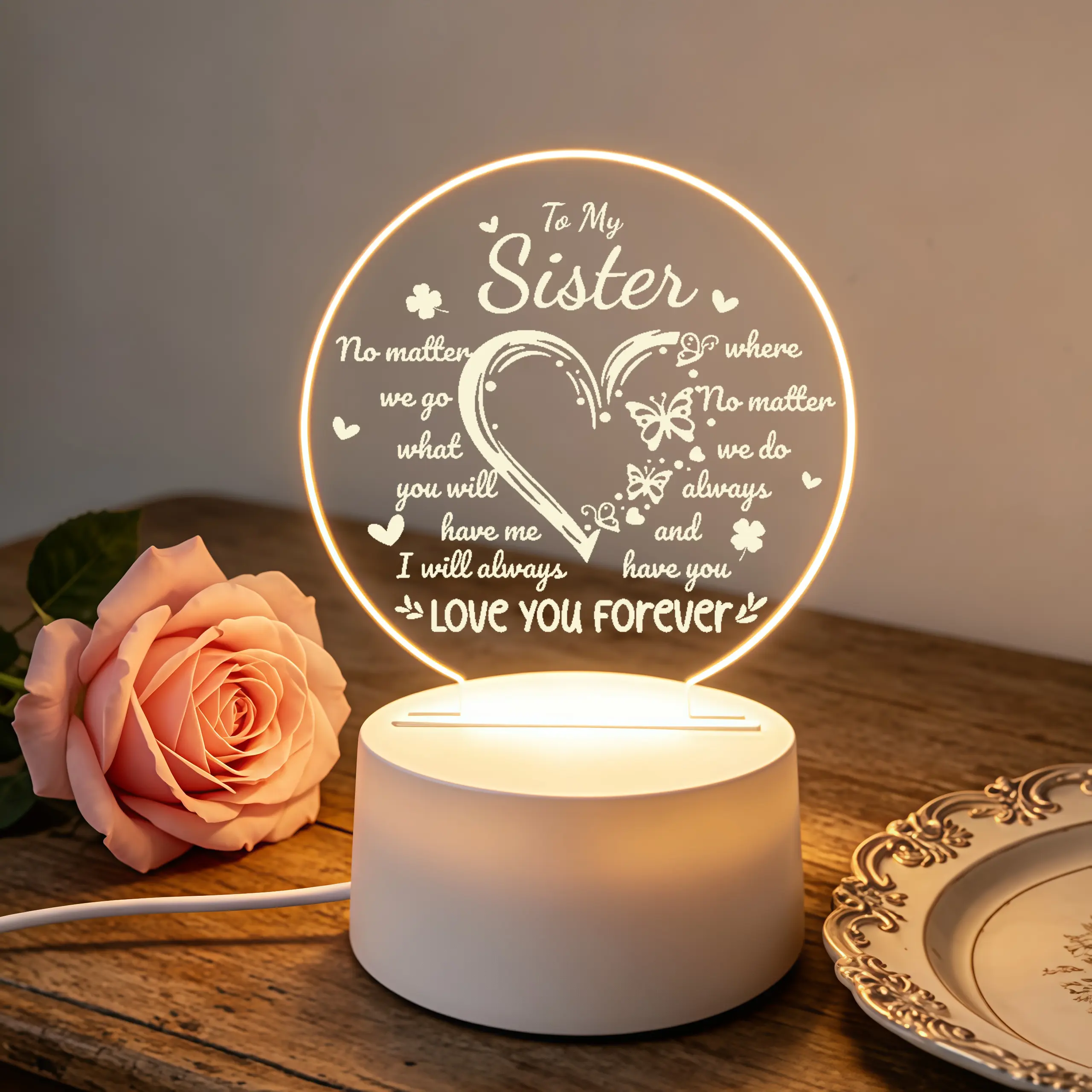 To My Sister Engraved Acrylic Night Light, Sentimental Sister Quote LED Lamp, Love You Forever Keepsake Gift for Sister Birthday Graduation, Warm Bedroom Decor Nightlight for Best Sister