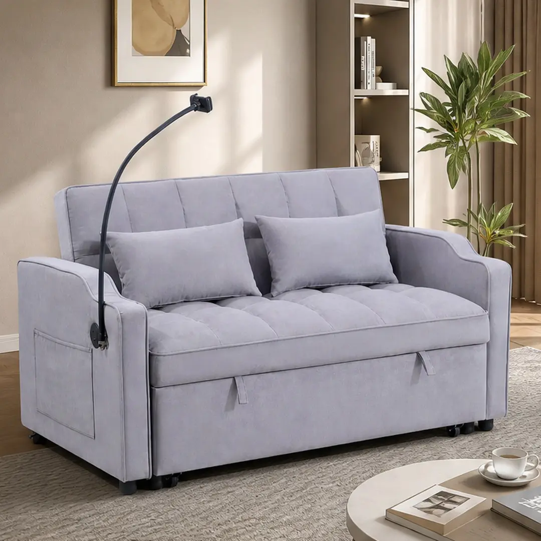 ARCH 2-Seat Armless Convertible Sofa Bed - Comfy Couch, Adjustable Backrest, USB Ports, Swivel Phone Stand, Upgraded Suede, Plywood Frame, Foldable Futon Loveseat for Living Room, Guest Room (36.22in W x 52.76in D x 31in H)