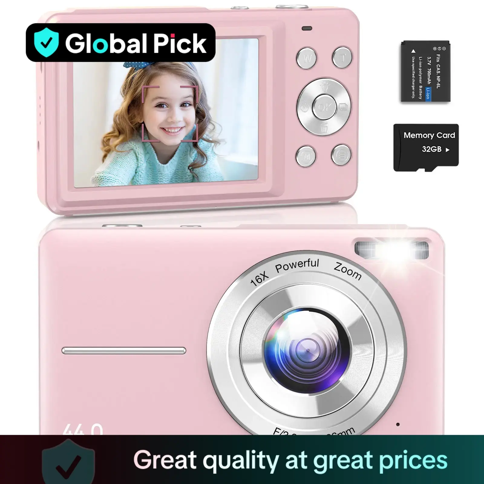 GLOBAL PICK Digital Camera, 1080P & 44MP, 32G Memory Card, 16X Digital Zoom, Compact & Portable Digital Camera Photos For Teens & Beginners, Gift