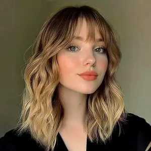 Short Blonde Wig with Face-Framing Bangs & Realistic Dark Roots Heat Resistant Synthetic Bob for Everyday & Parties（14 inch）