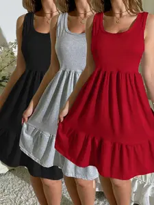 Women's 3-Piece Standard Fit Vest Dress Set, Casual Home Wear, All-Season Solid Color, Outerwear Available, Comfortable and Stylish