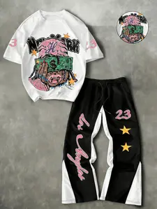 Men's and women's summer Y2K streetwear outfit: short-sleeved T-shirt featuring a hip-hop boy, Graphic design + colored side-striped athletic pants, in black and white, retro urban style. Perfect for Y2K and streetwear fashion