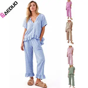 Naeduo Womens Plaid 2 Piece Pajamas Sets Gingham Button Down Puff Sleeve Babydoll Shirt Ruffle Pants Y2K Pjs Lounge SpringStatements Set Soft Womenswear Nightwear