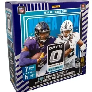 Ripped and shipped Panini 2025 NFL Trading Cards Optic Donruss Football Mega Box 7 Cards Per Pack 6 Packs Per Box Find 3 Mega Box Exclusive Rated Rookie Blue Hyper Parallels