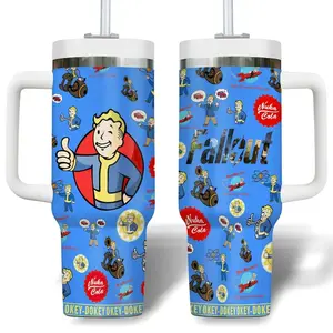 Fall0ut Vault Boy Inspired 40oz Handle Tumbler – Retro RPG Game Art Stainless Steel Cup, Blue Cartoon Pattern, Gamer Gift Travel Mug