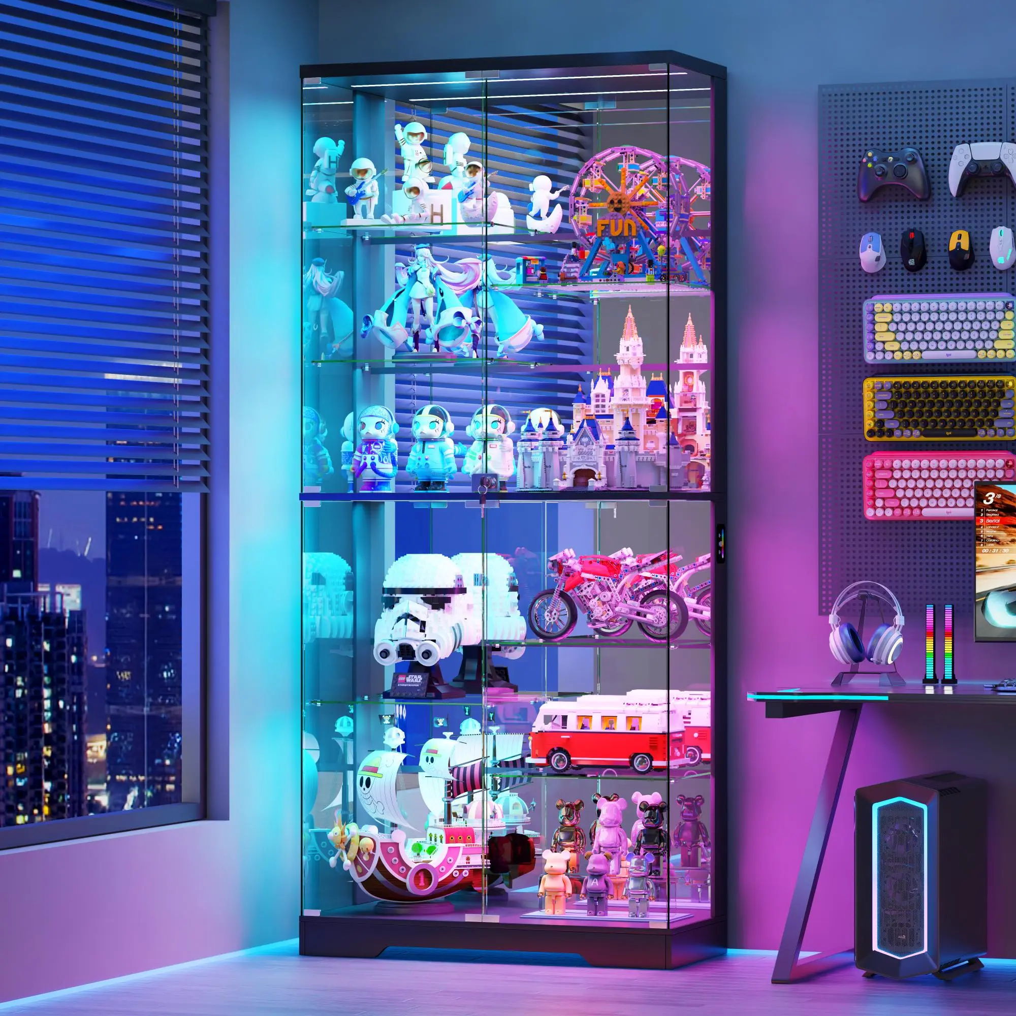 Dystler 71'' Glass Display Cabinet - with RGB Lights,10-Tier Curio
