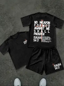 Men's Casual Two-Piece Set, Christian Faith Sports Suit, Cross Design, Bible Verse Print, Suitable for Multiple Occasions, Athleisure Set